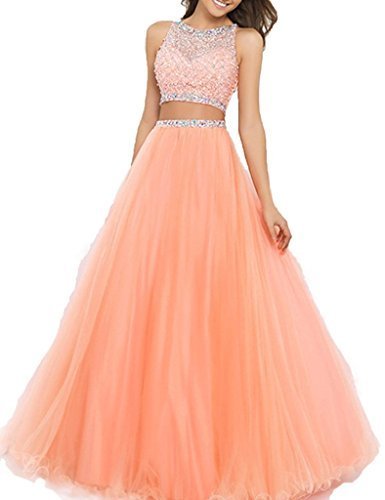 Image of Fanmu Women's Beaded Two piece A line Tulle Prom Dresses Evening Gown Coral US