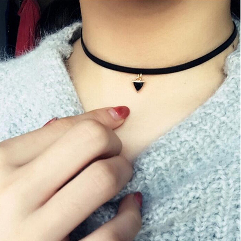 Primary image for Inspired Gothic Triangle Choker Necklace Leather For Women Black Velvet Suede St
