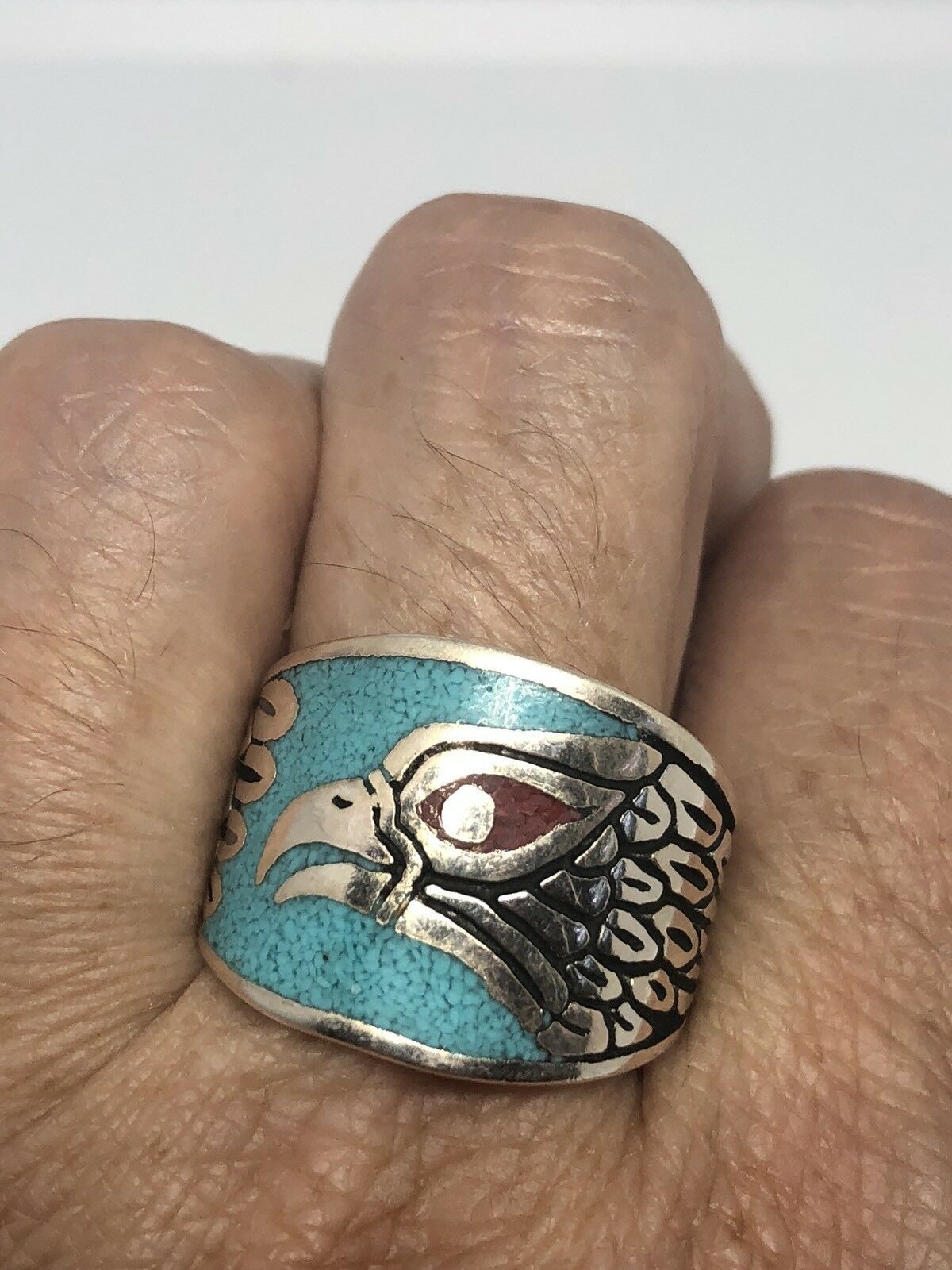 1980's Vintage Silver White Bronze Size 10.75 Men's Hawk Turquoise Inlay Ring