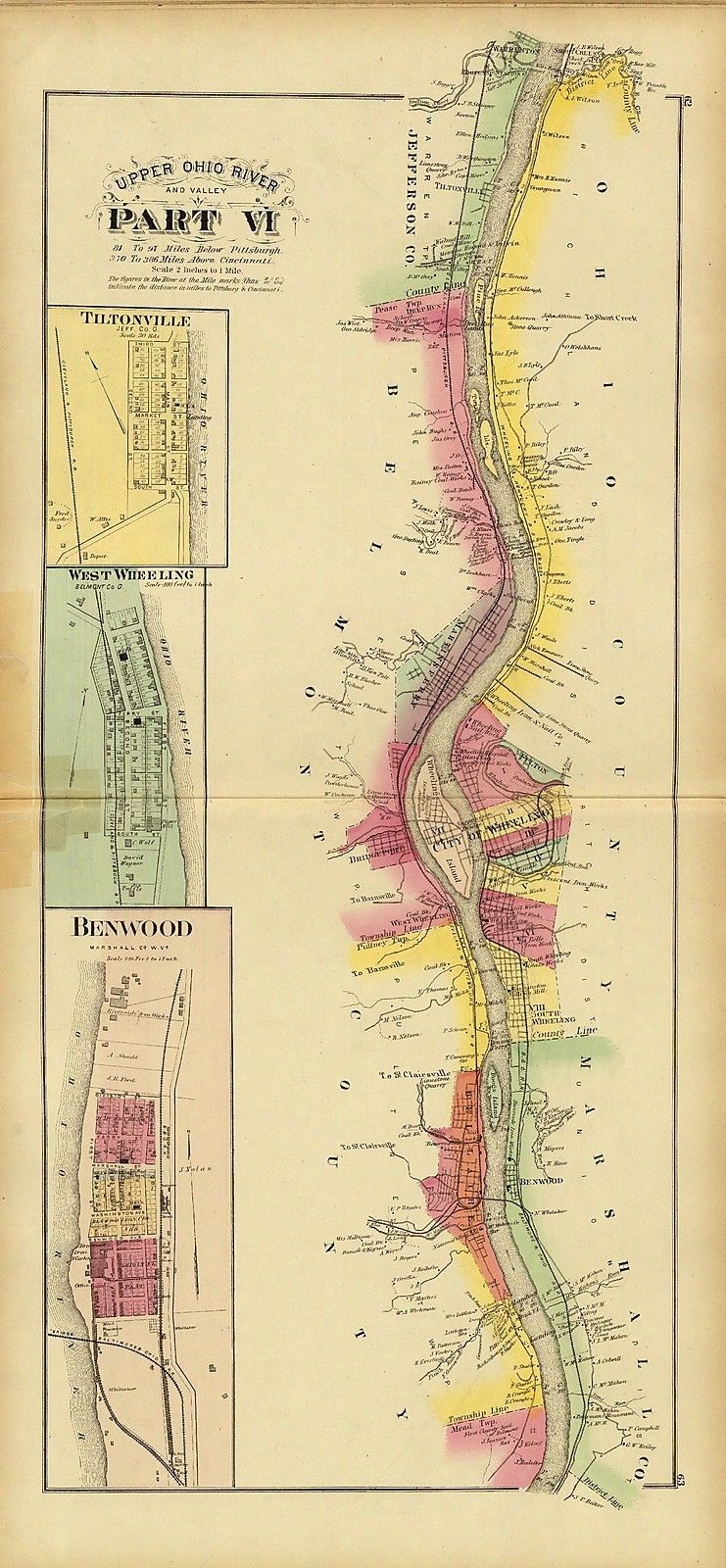1877 map Atlas Upper Ohio River Tiltonville Wheeling Benwood West