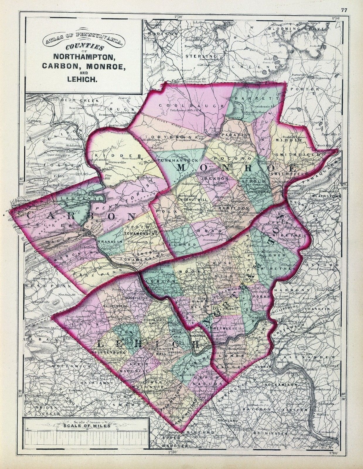 1872 Map Pennsylvania state Northampton Carbon Monroe Lehigh county atlas 22 Reproductions