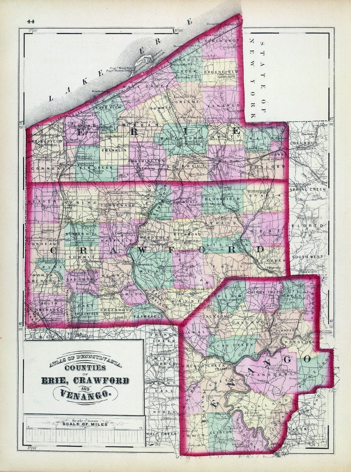 1872 Map Pennsylvania state Erie Crawford Venango county topographical