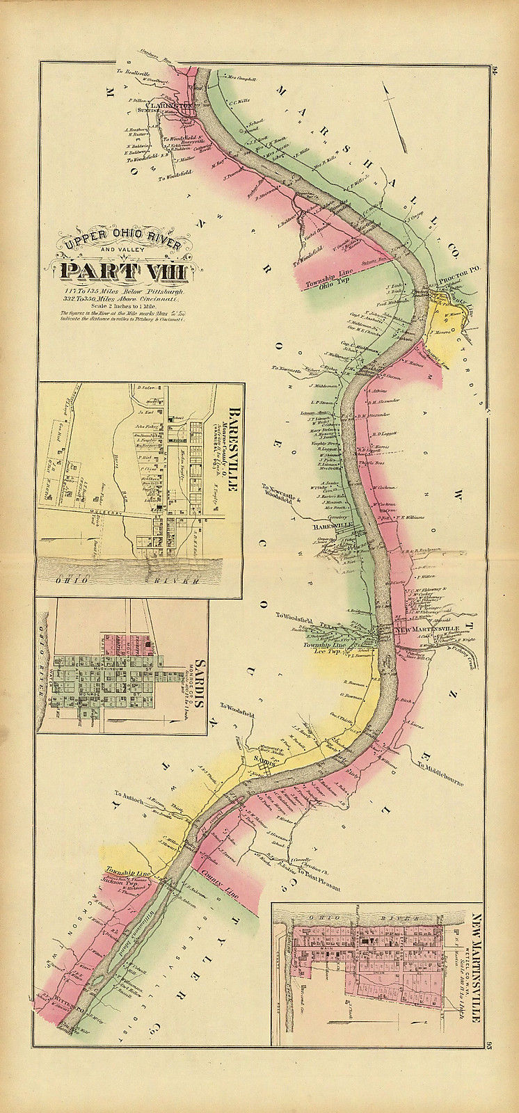 1877 Map Upper Ohio River Baresville Sardis New Martinsville West 