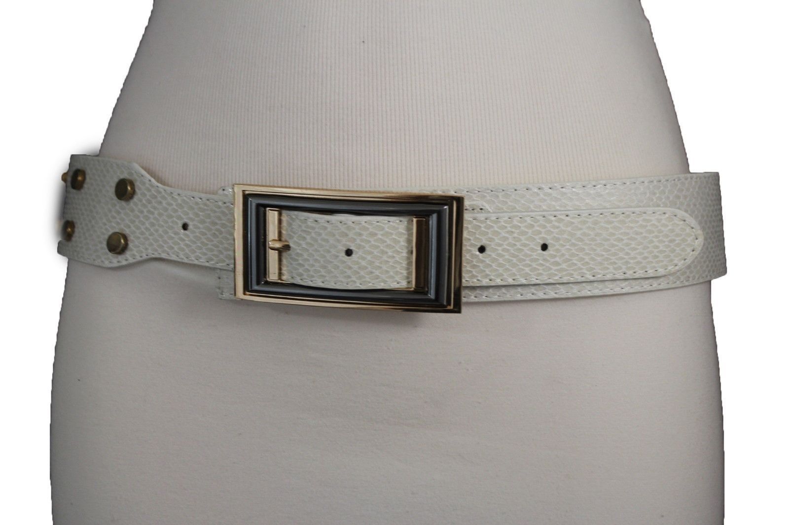 Women Belt Waist Hip Gold Metal Buckle Navy Blue Faux Leather Stretch Band S M