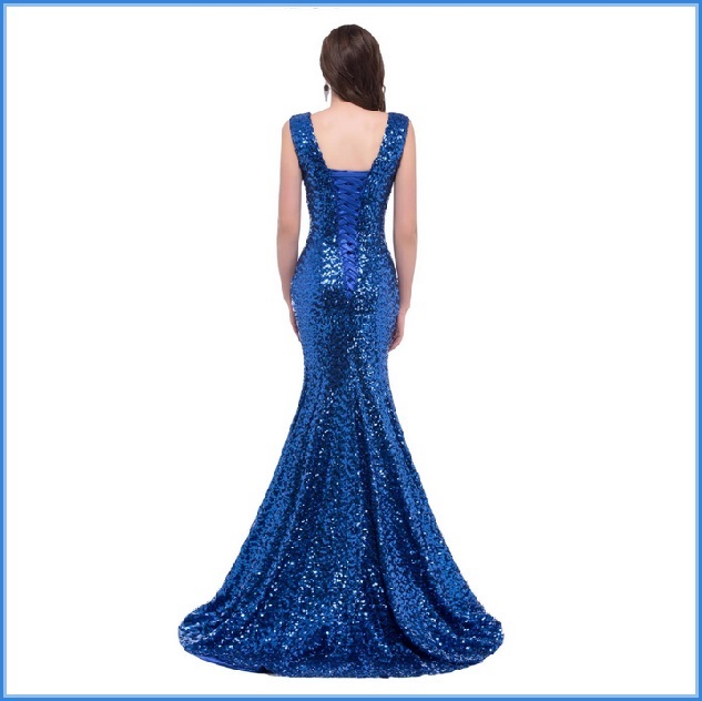 Sapphire Blue Sequined Lace Up Back Long Train Mermaid Evening Prom ...