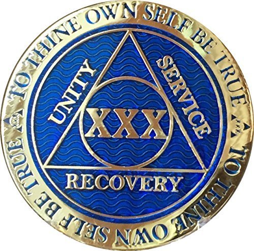 30 Year Reflex Blue Gold Plated AA Medallion Alcoholics Anonymous Sobriety Ch...