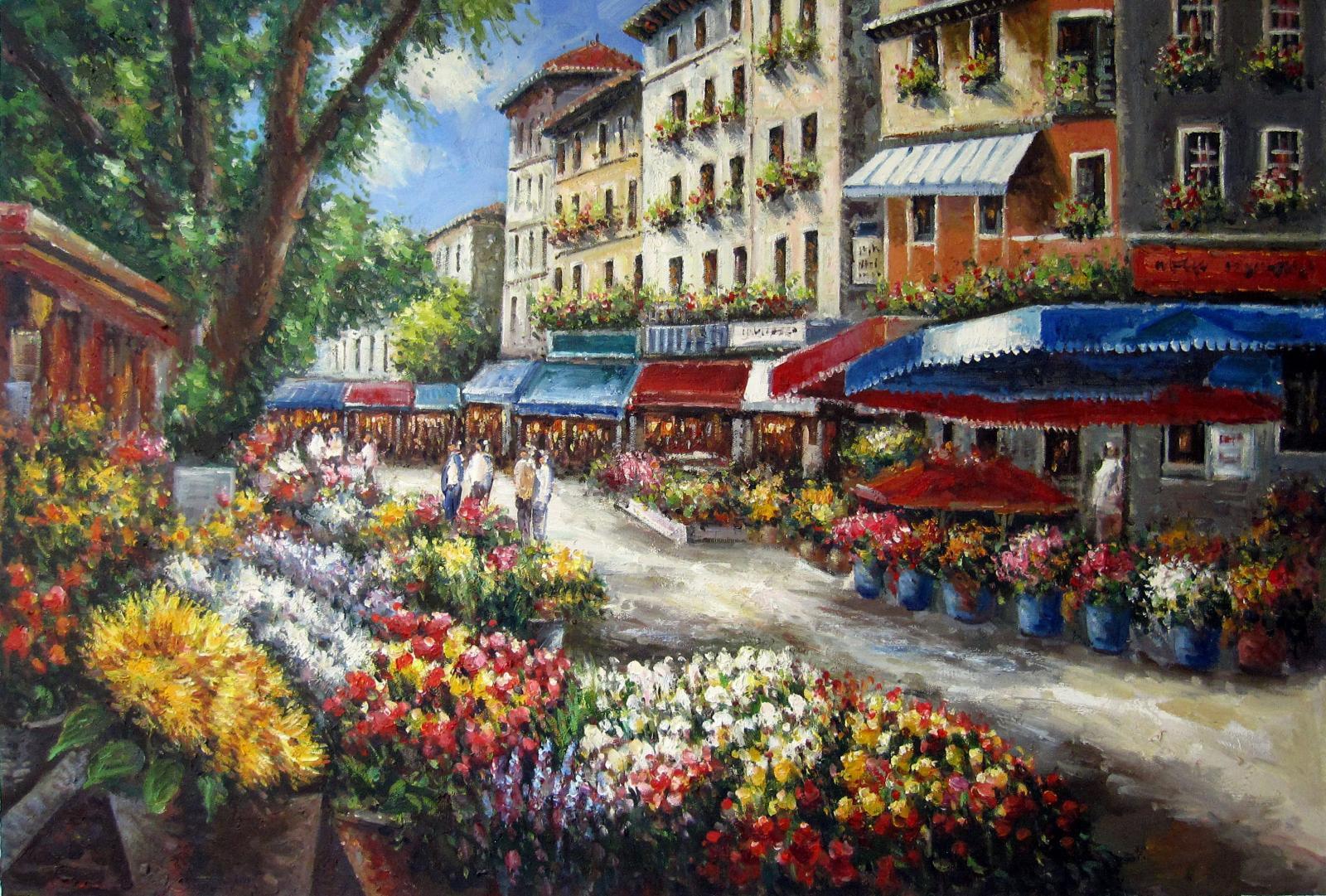 Flower market 24x36 in. stretched Oil Painting Canvas Art Wall Decor ...