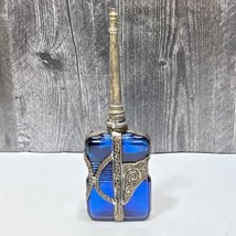 Moroccan Cobalt Blue Glass Perfume Bottle Sprinkle Embossed Metal Overlay - $53.46