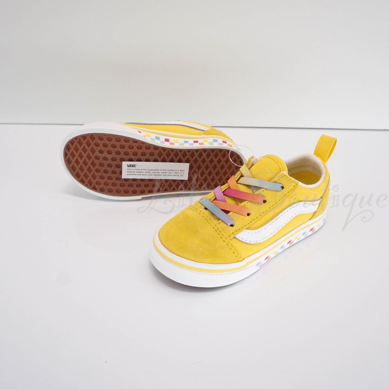 Primary image for No Box Vans Old Skool Rainbow Laces Toddler Shoes Canvas Suede Yellow White 8.5K