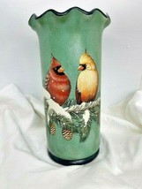 Cardinal Bird Vase Ceramic Red Green Winter Garden Nature 9.5" High image 2
