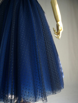 Navy Tea Length Tulle Skirt Plus Size Tulle Skirts Navy A-line Polka dot Skirt image 2