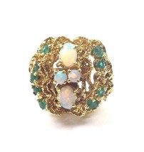 14k Yellow Gold Women&#39;s Vintage Cocktail Ring With Green Emerald And Opa... - £515.76 GBP