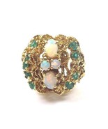 14k Yellow Gold Women&#39;s Vintage Cocktail Ring With Green Emerald And Opa... - £500.27 GBP