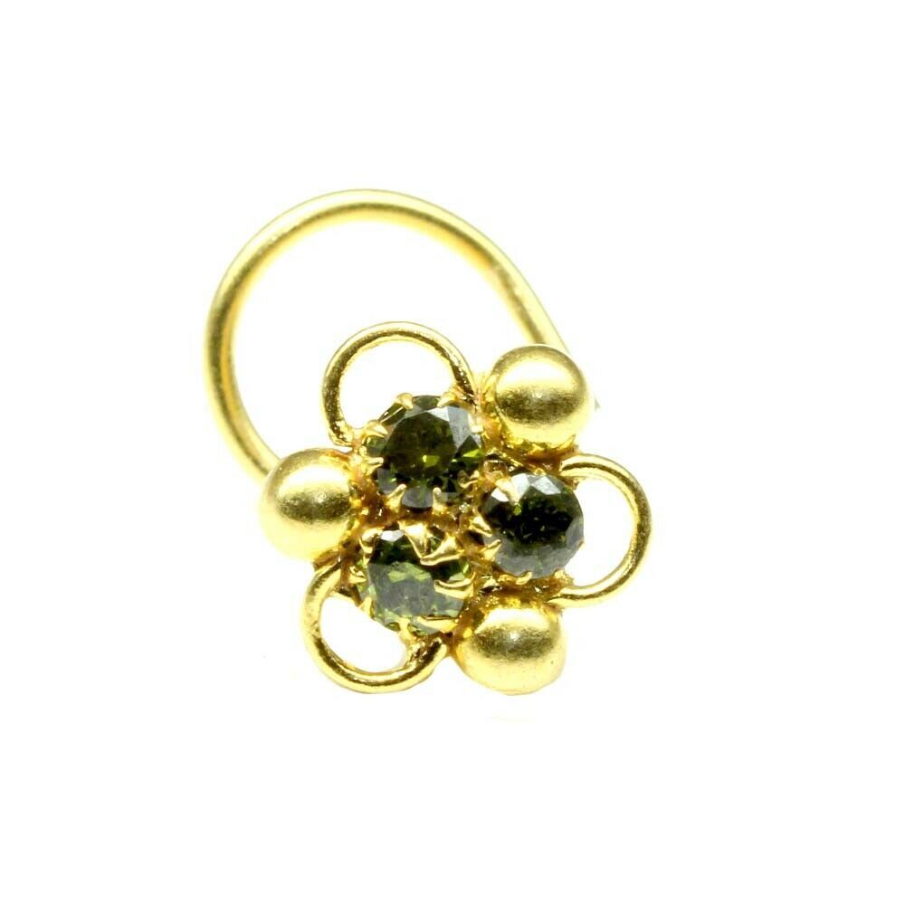 Indian Nose ring Green CZ studded gold plated corkscrew piercing nose stud