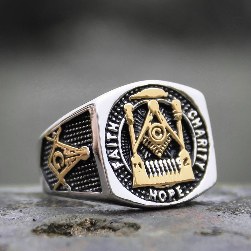 Mens Masonic Free-mason Statement Ring Gold Color Stainless Steel Freemasonry Si
