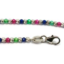 18K WHITE GOLD BRACELET, FACETED WORKED 2mm BALLS, BLUE GREEN RED CUBIC ZIRCONIA image 4