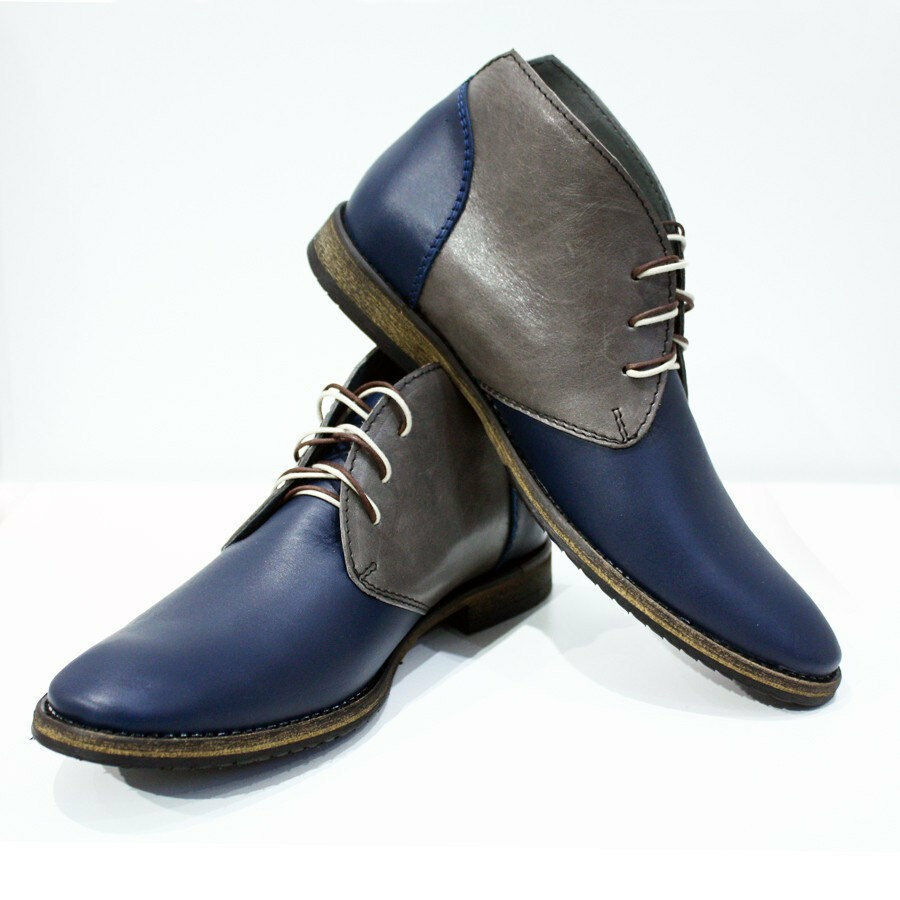 Men's Chukka Two Tone Gray Blue Cont High Ankle Leather Lace Up Boots US 7-16