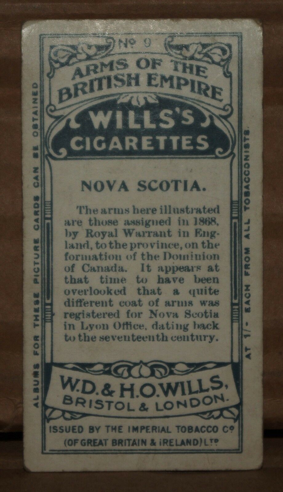 VINTAGE WILLS CIGARETTE CARDS ARMS OF THE BRITISH EMPIRE No 9 NUMBER
