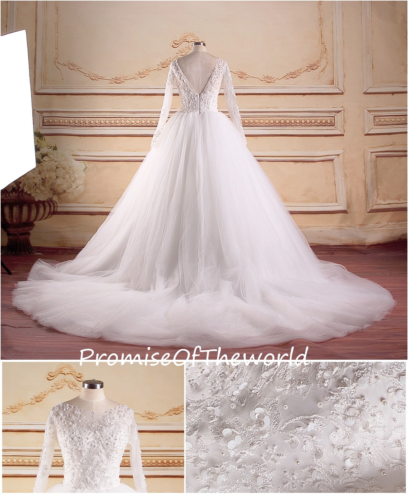 Ivory boat neck long sleeves wedding dress beading sequins ball gown