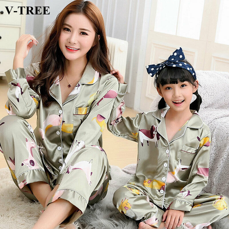 Mother Daughter Clothes Christmas Pajamas Set Silk Matching Sleepwear