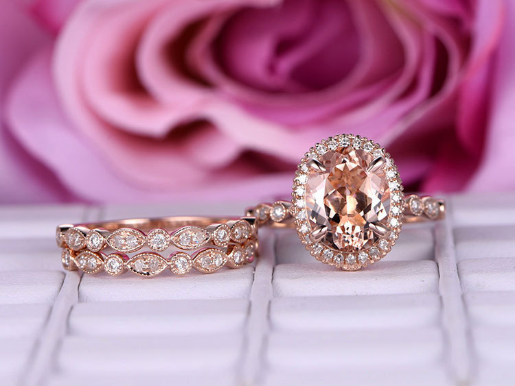 6x8mm Oval Morganite & Diamond 14k Rose Gold Art Deco Engagement Band Ring Set