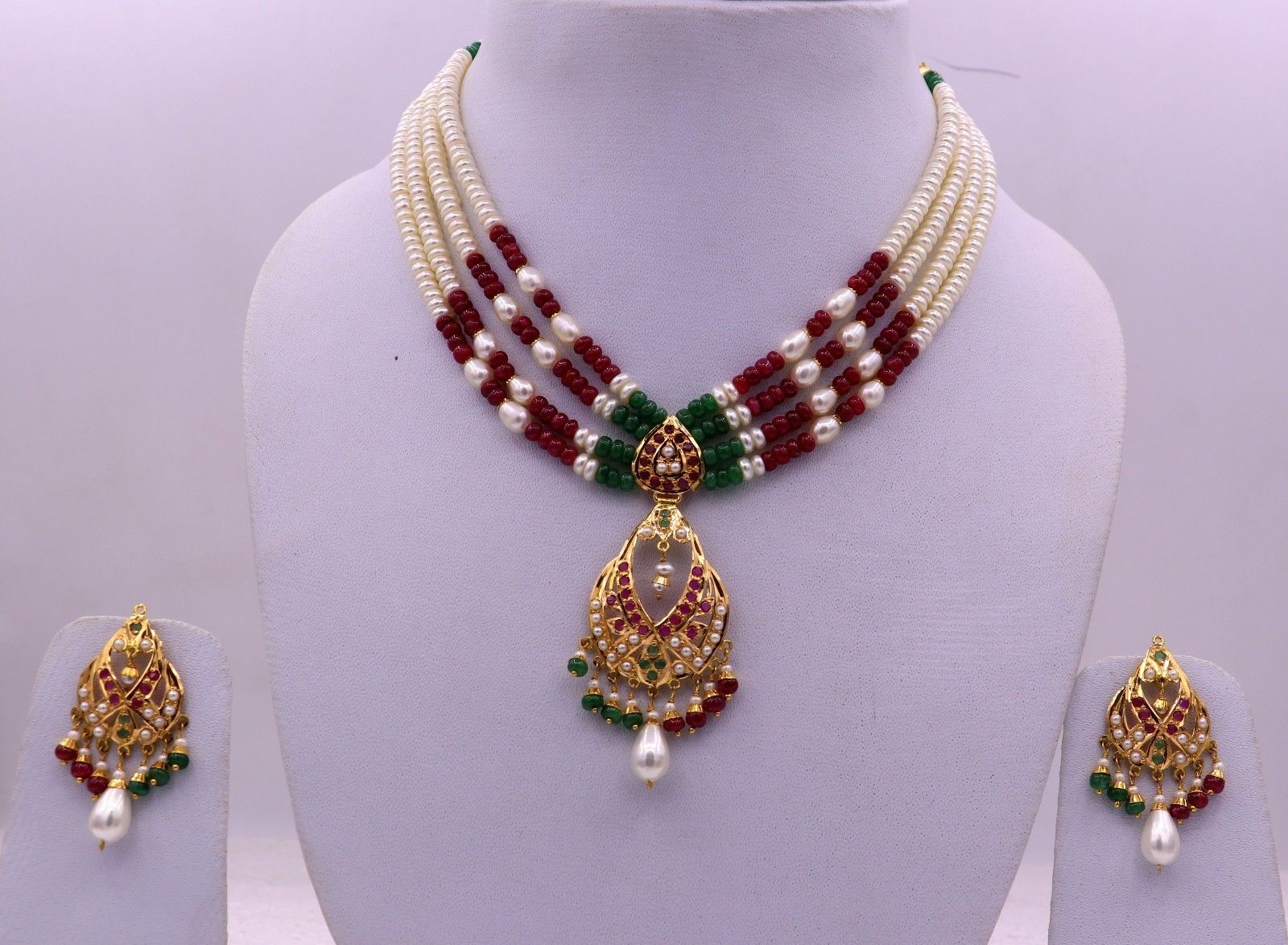 PEARLS RUBY EMERALD SET NECKLACE 22CT 22K BRIDAL YELLOW GOLD EID MUSLIM ...