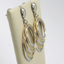 18K YELLOW WHITE GOLD PENDANT EARRINGS ALTERNATE WORKED CIRCLES, MADE IN ITALY image 2