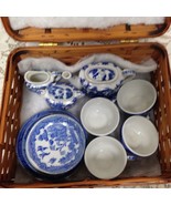Vintage Occupied Japan Blue Willow 17pc Child’s Tea Set w/ Bamboo Picnic... - $161.45