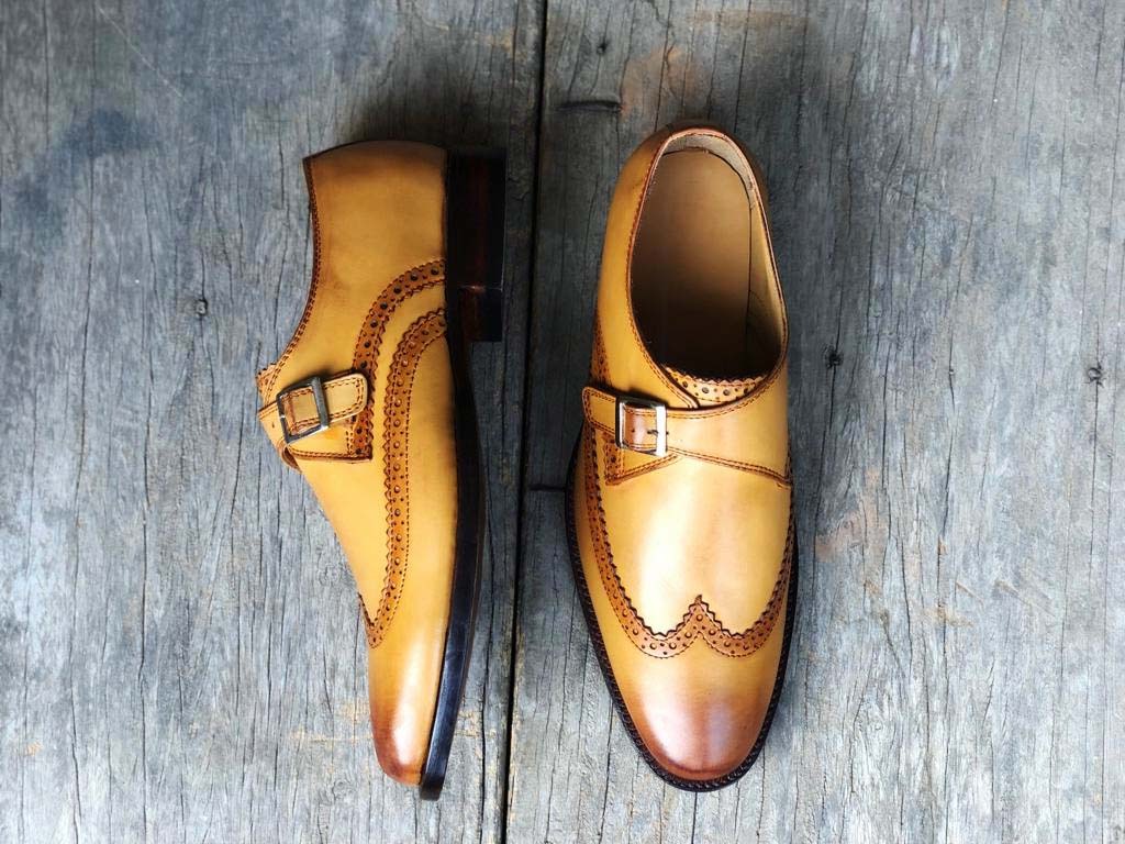 Handmade Men's Beige Leather Dress Shoes, Men Monk Strap Wing Tip Designer Shoes