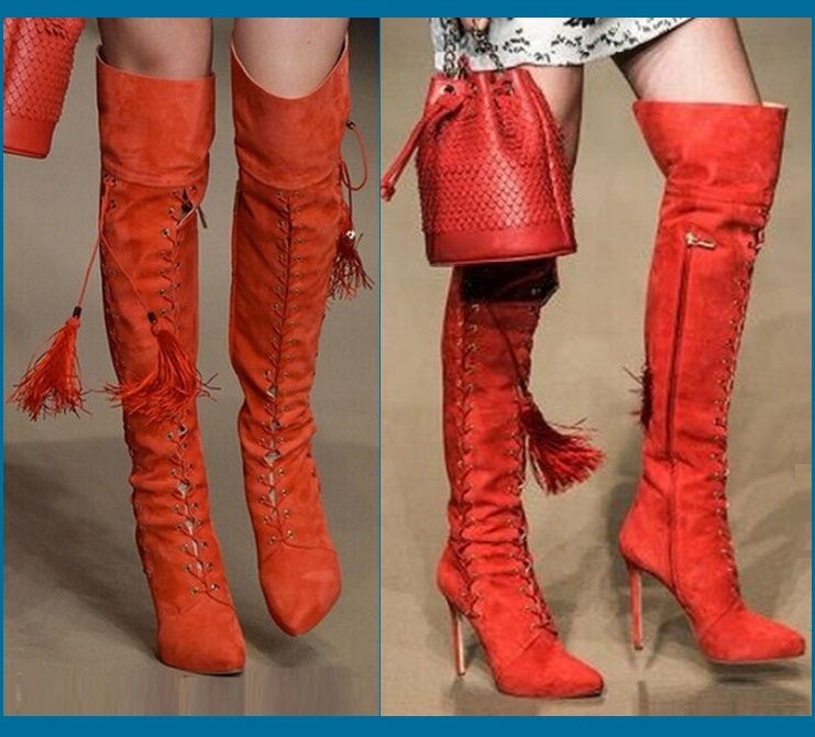 Tall Russet Suede Leather Lace Up Stiletto High Heel Zip Up Over The Knee Boots