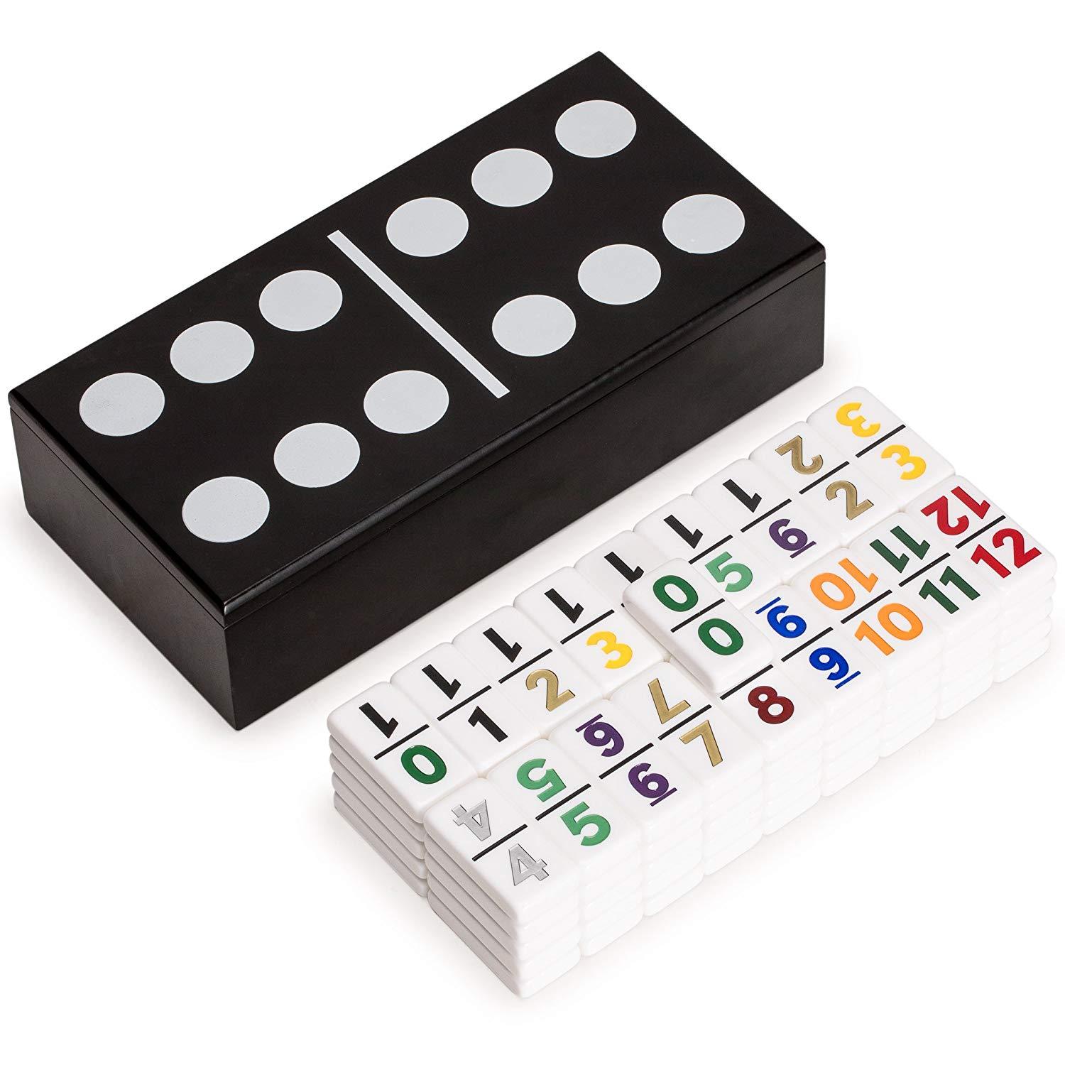 Double 12 Dominoes Game Set with Numerals in Black Lacquer Case - Bocce 