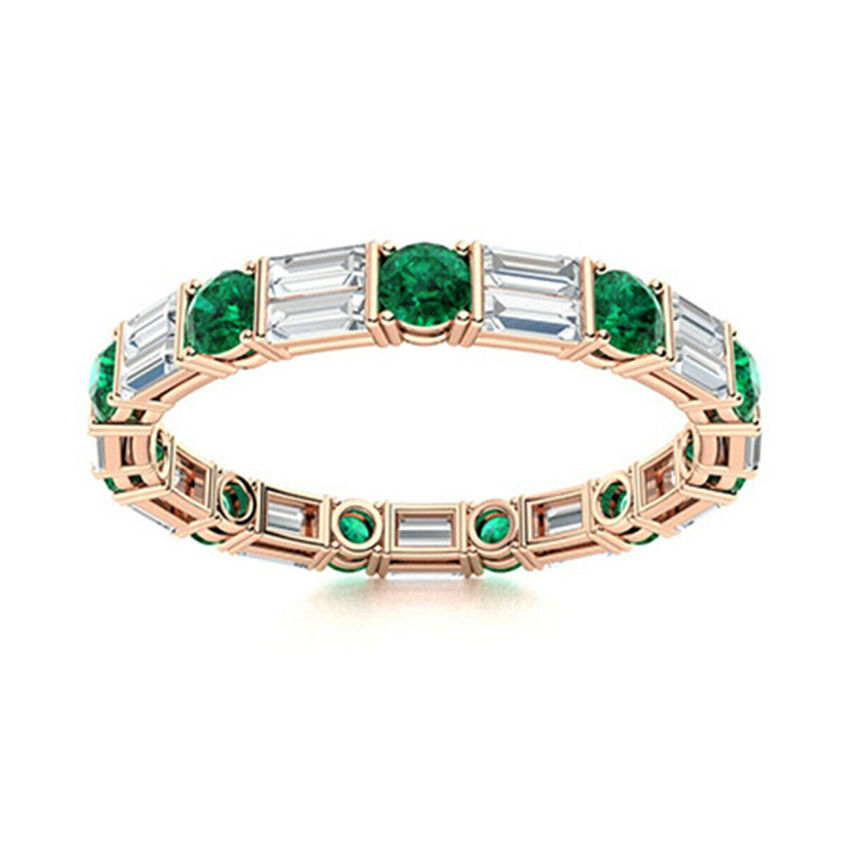 4 MM Round Green Sapphire & Baguette CZ 9K Rose Gold Wedding Stackable Ring