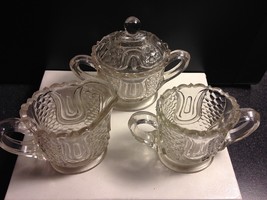 Federal Glass Tulip &amp; Honeycomb 3 Pc Sugar w Lid Creamer Spooner Clear E... - $16.95