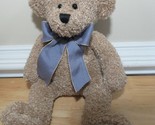 World Market plush teddy bear tan brown beanbag curly fur blue checked bow - $49.49