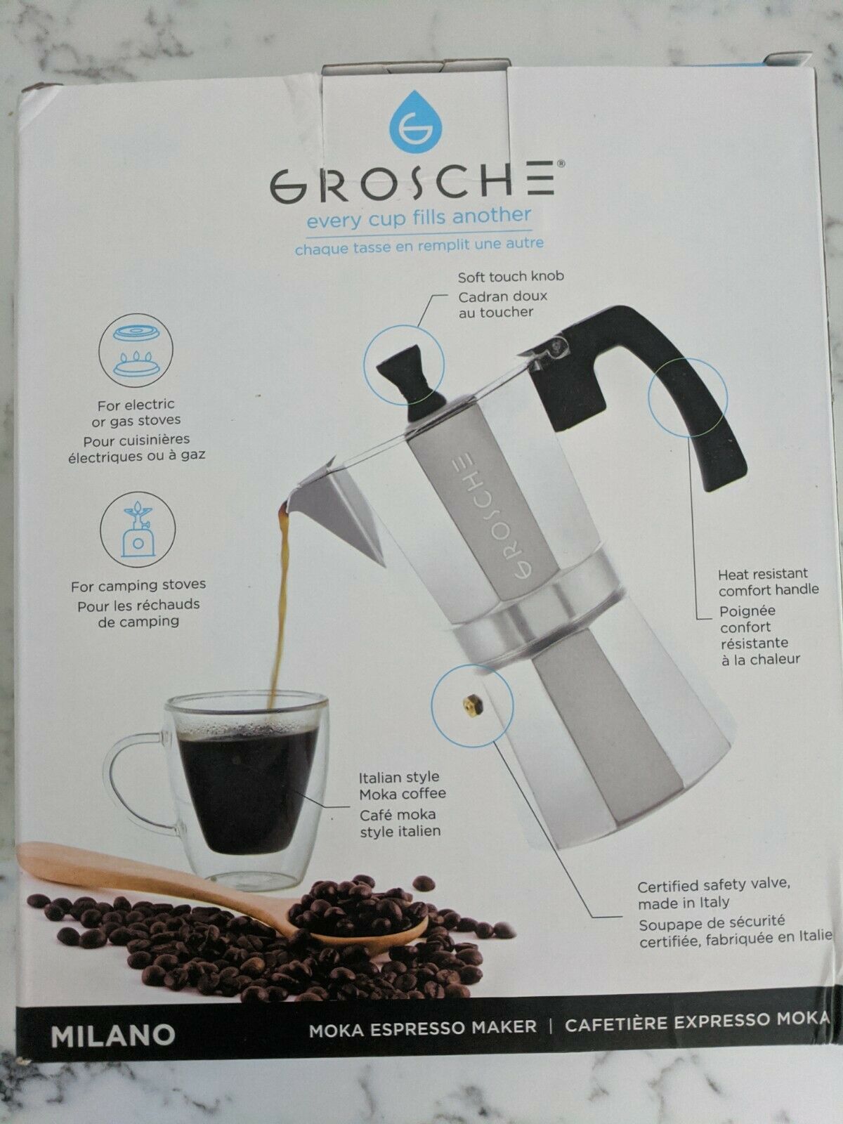 GROSCHE Milano Stovetop Espresso Maker Moka 9.3 oz, Silver
