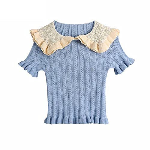 Ruffles Peter Pan Collar Patchwork Blue Knitting Short Sweater Female Chic Ruche