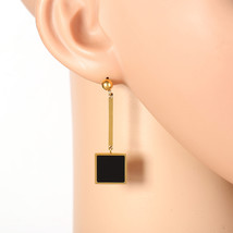 Gold Tone Drop Earrings, Jet Black Inlay & Dangling Square - $26.99