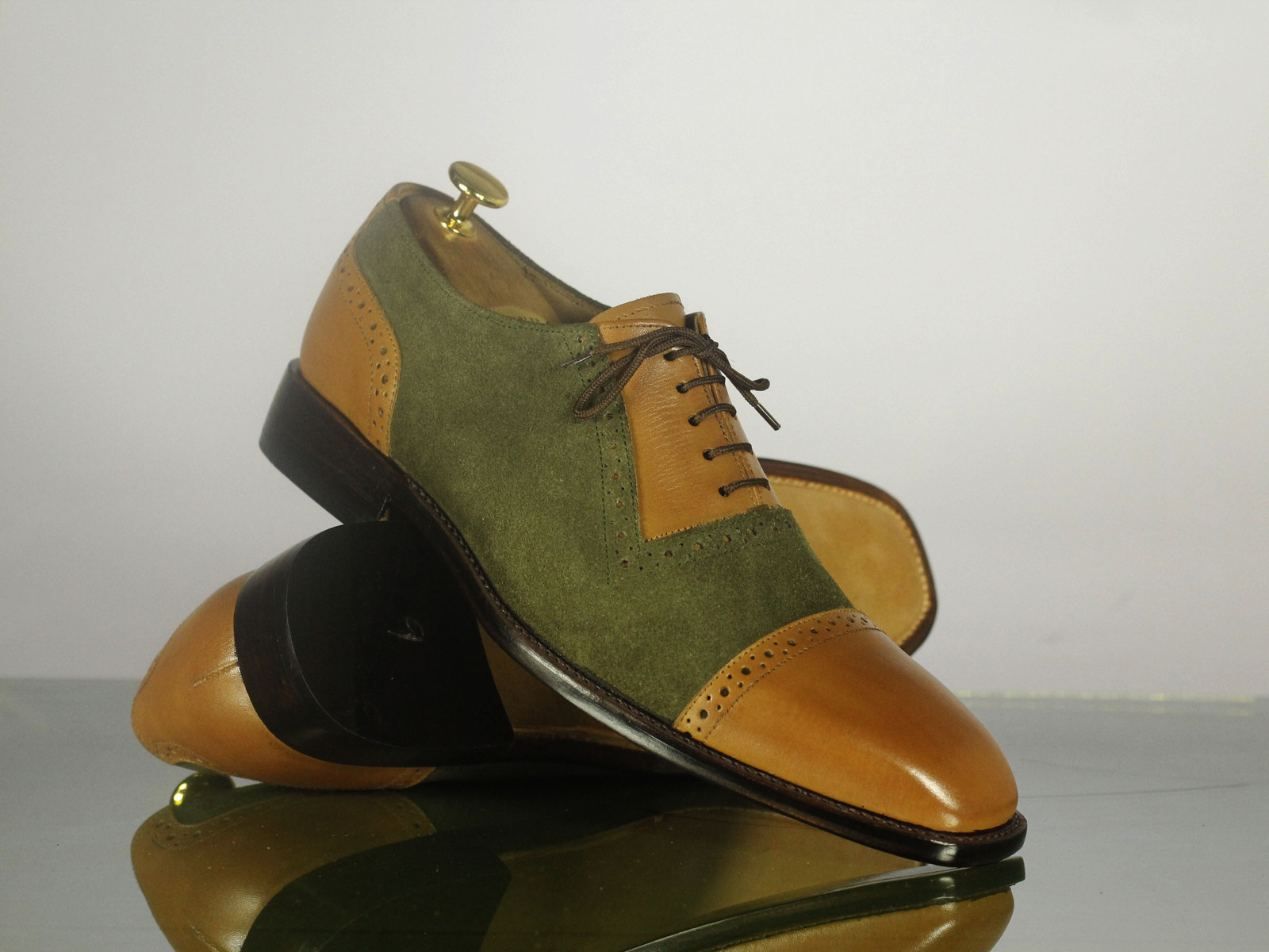 Hand Crafted Men's Tan Green Leather Suede Shoes, Stylish Bespoke Dress ...