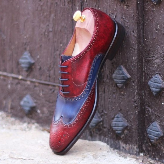 Men,s Handmade Two Tone Blue & Red Real Leather Wing Tip Shoes, luxury