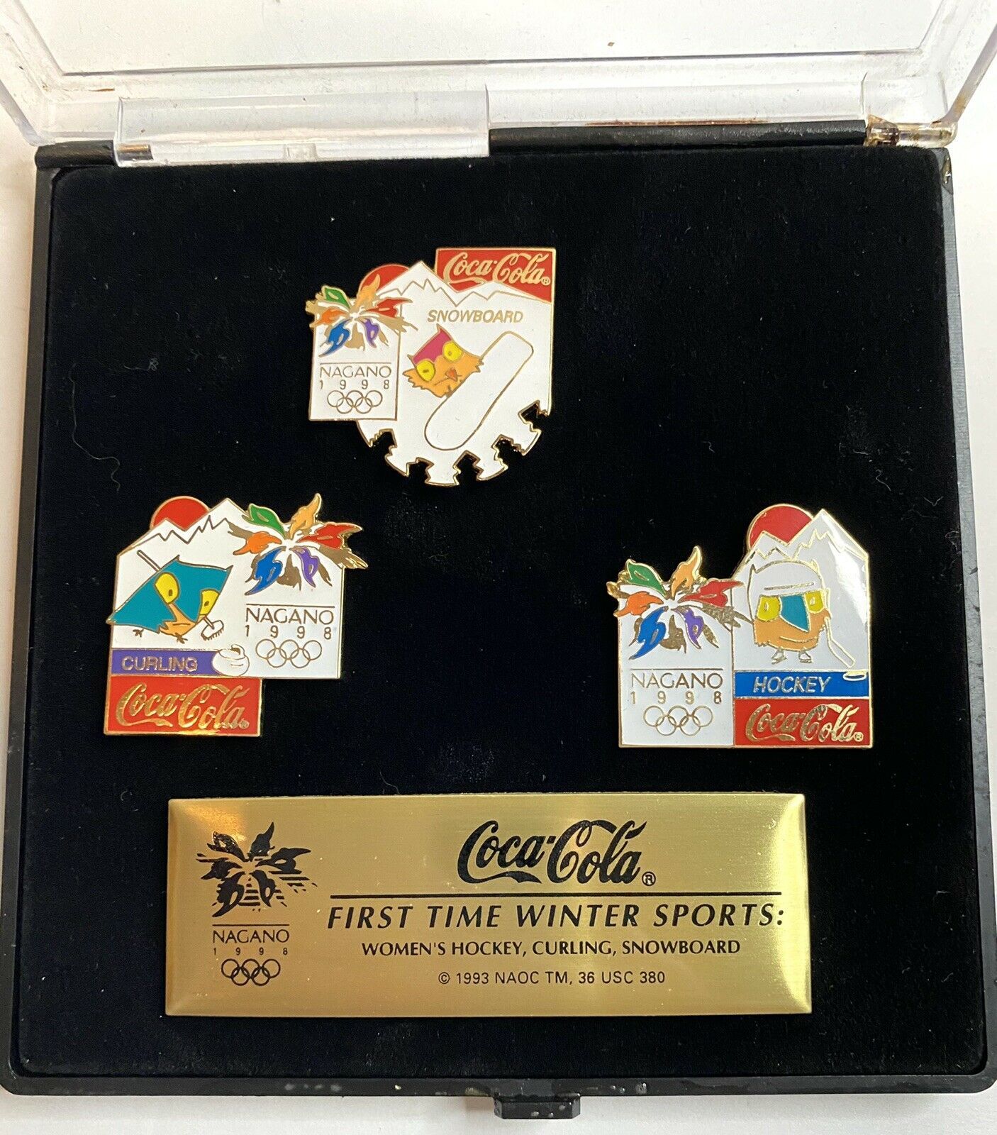 Primary image for 1998 Nagano Olympics Coca Cola Pin Set Hockey Snowboarding Curling COLLECTIBLE