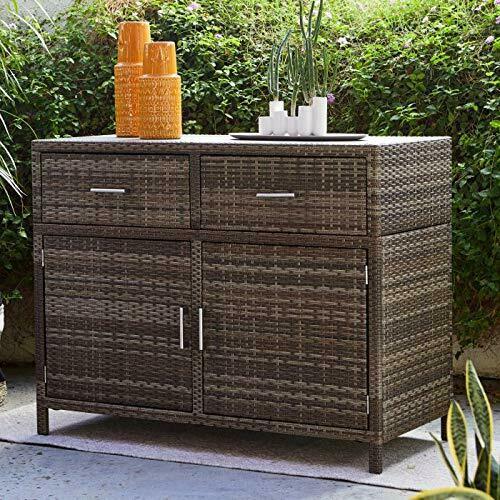 Brown Resin Wicker Deck Storage Cabinet Patio Buffet Server Sideboard ...