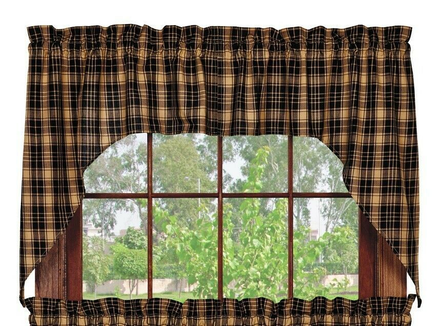 country cabin primitive farmhouse Heritage Check Black Tan plaid Swag Curtains