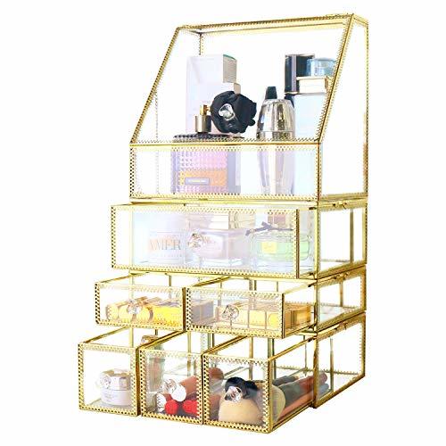 Stunning Gold Large Glass Makeup Organizer Jewelry &Cosmetic Storage