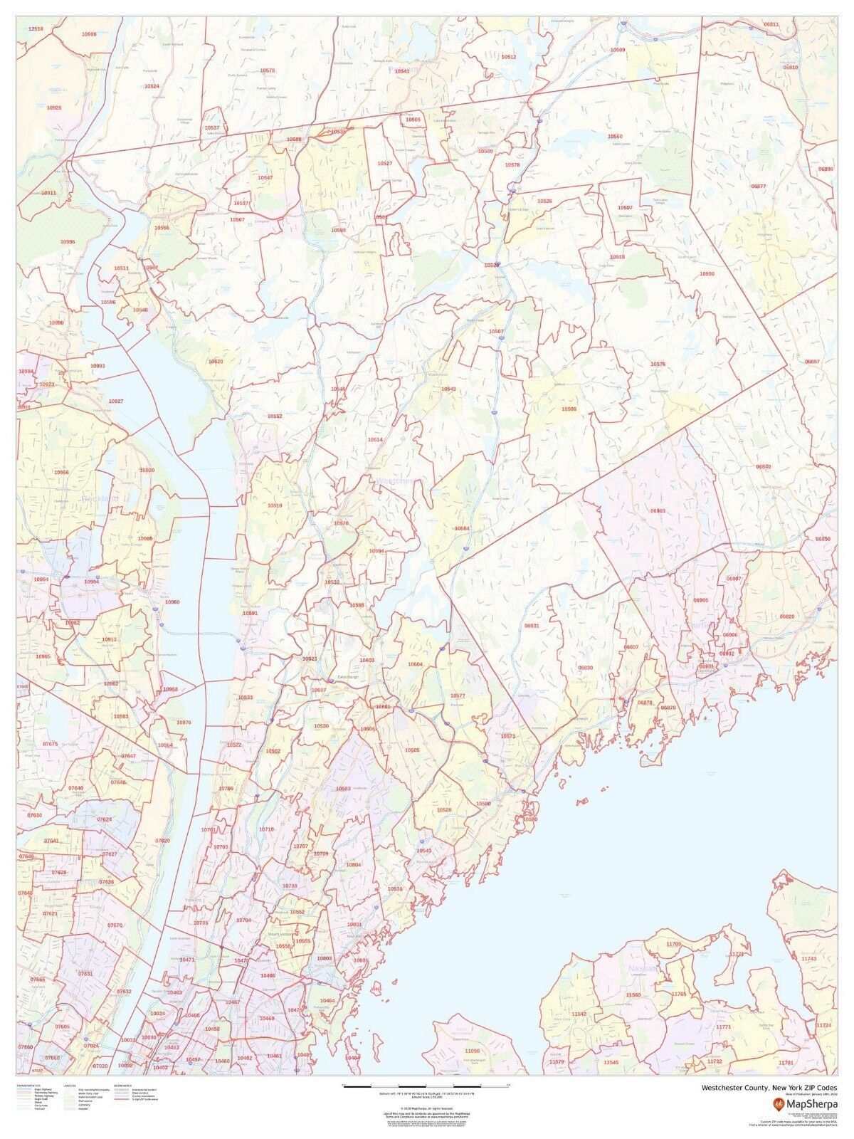Westchester County, New York ZIP Codes Laminated Wall Map (MSH) US