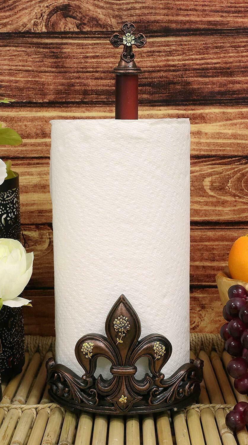 Ebros 16 Tall Rustic Vintage Fleur De Lis Cross Top Crown Paper Towel Holder