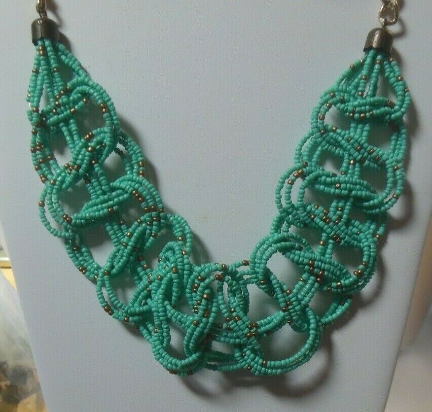 Vintage Teal Blue Intertwined Braided Seed Bead Necklace - Necklaces ...