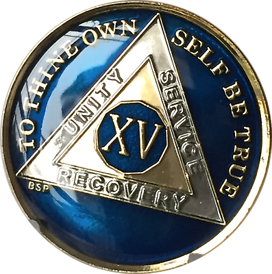 15 Year Midnight Blue AA Medallion Alcoholics Anonymous Chip Gold Tri-Plate