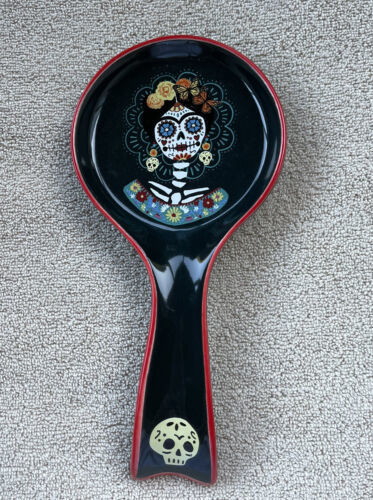 Primary image for Black Ceramic Decorative Woman Spoon Rest Dia de Los Muertos Day of Dead Skull