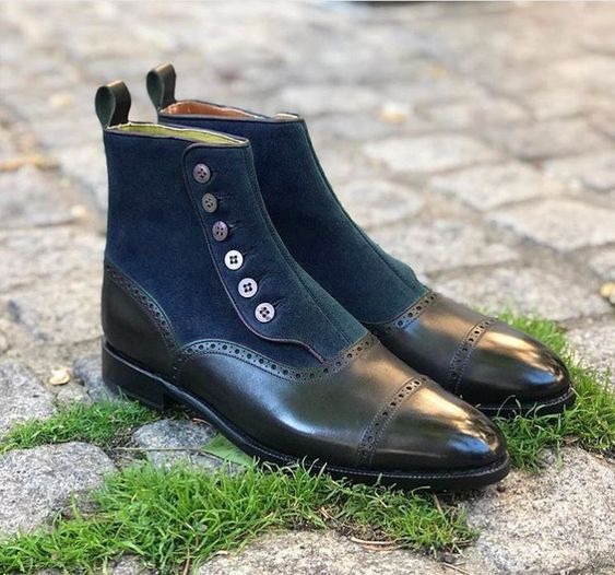 Elegant Hand Stitched Black And Navy Blue Ankle High Button Boot