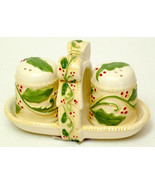 Ceramic Holly Salt and Pepper Set with dish 5.75inx3.25inx3in, XMAS, Christmas - $16.99